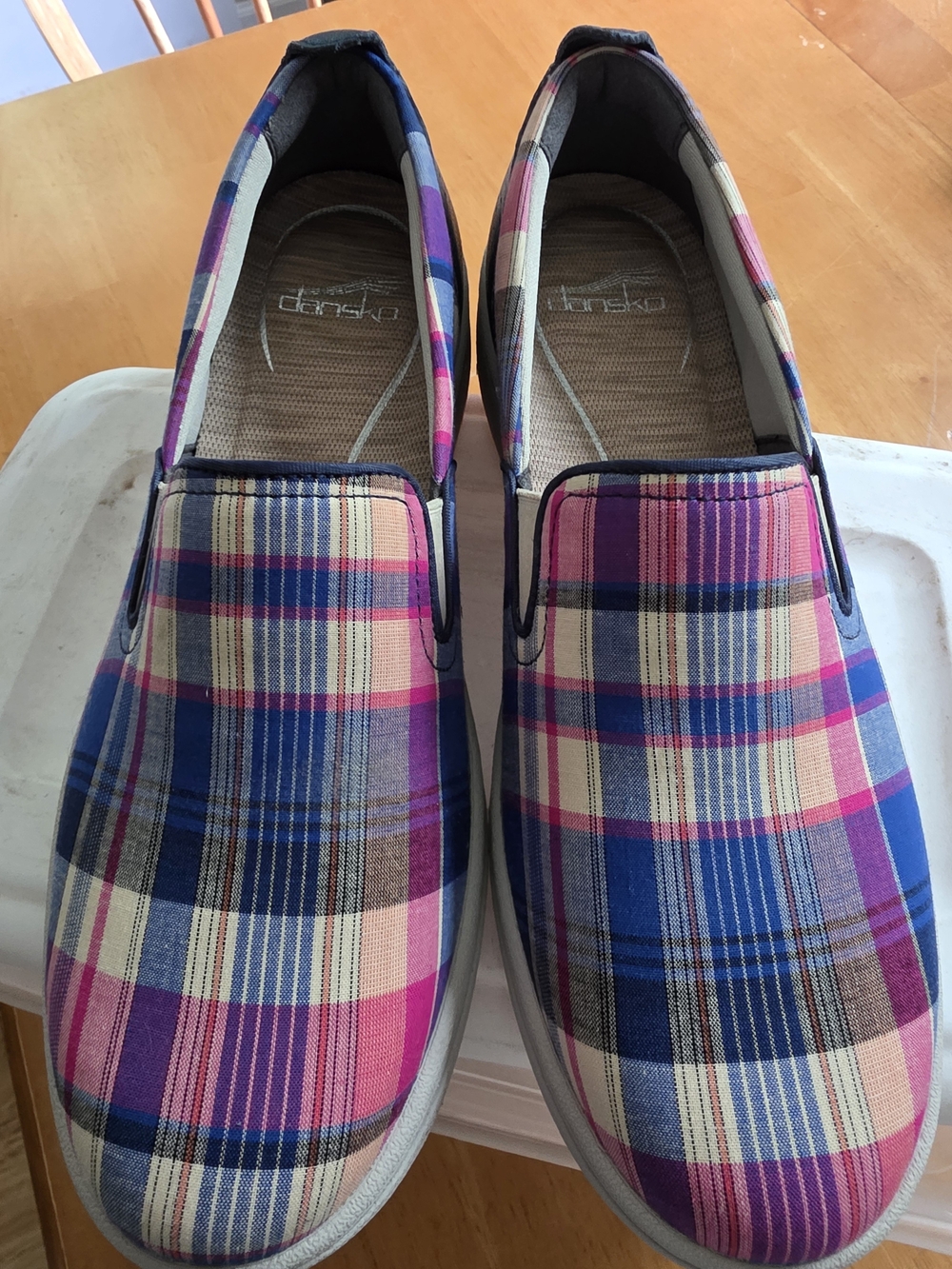 Dansko Plaid Slip-On Loafers in Pink, Blue & Cream